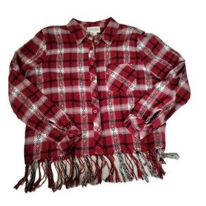 OLIVE + OAK Dark Red Burgundy Plaid Fringe Hem Flannel Shirt Southwestern SP